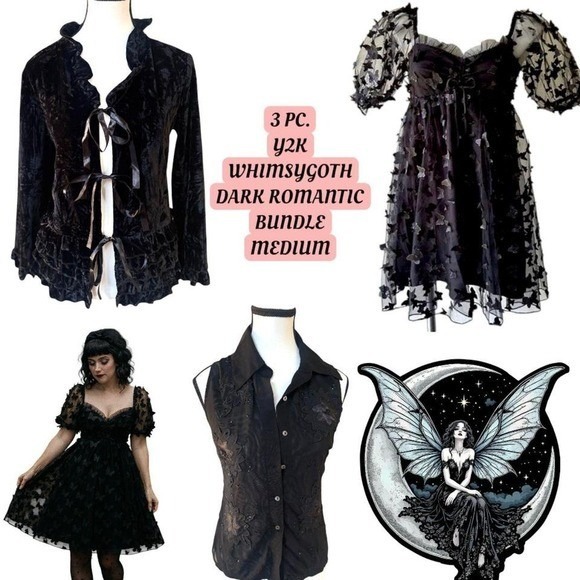 3 PIECE DARK FAIRY WHIMSY GOTH BUTTERFLY DRESS CORSET TIE UP SWEATER TOP BUNDLE