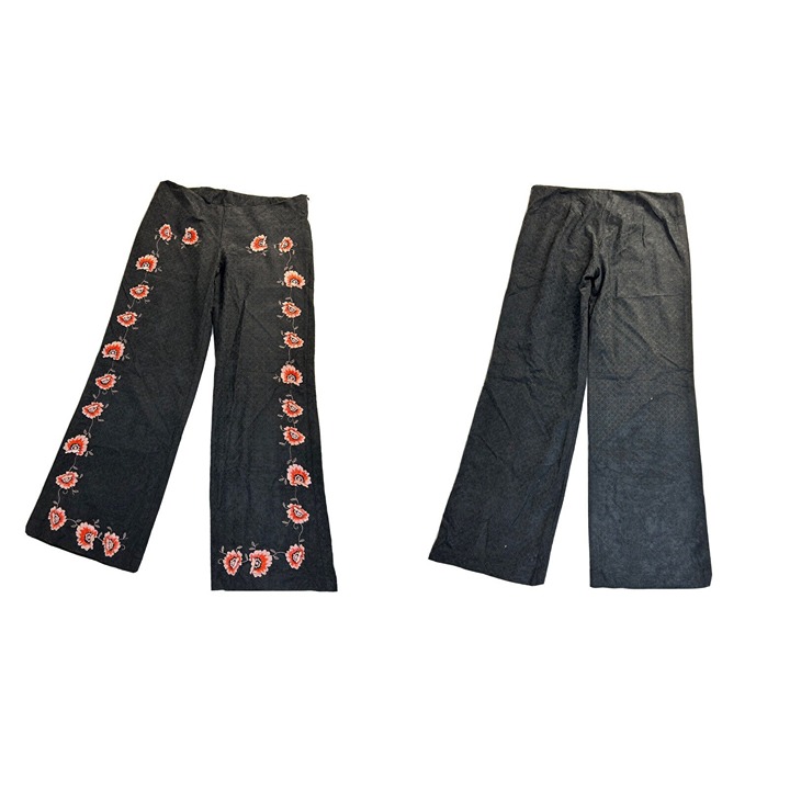 Vintage Womens Medium Floral Stitched Wide Leg Flare Pants Black