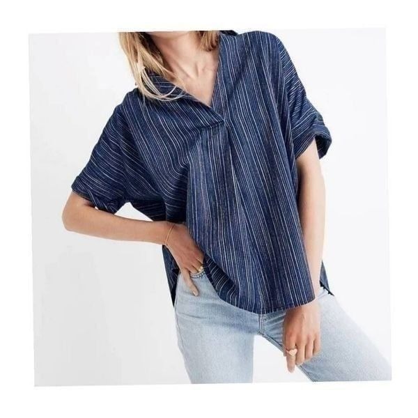 Madewell womens Sz XS blue striped soft denim courier button back top relax