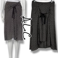 A.L.C. Black Sunflower Print Tie Front Ruched Silk Skirt Midi Luxury Womens Sz 6