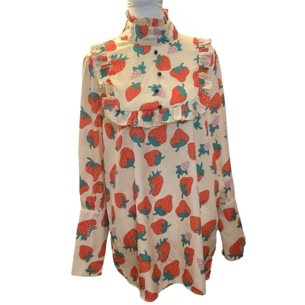 Vintage-Inspired Strawberry Print Blouse High Neck Ruffle Long Sleeve Top