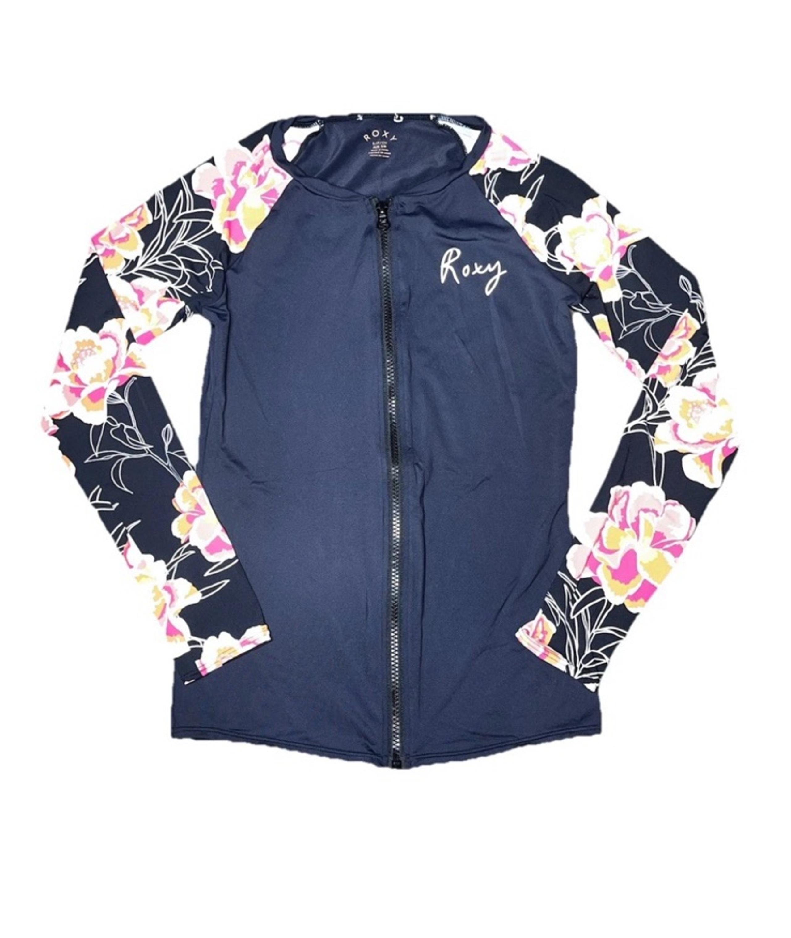Roxy Black Pink Floral Long Sleeve Full Zip Rash Guard Women’s Small EUC