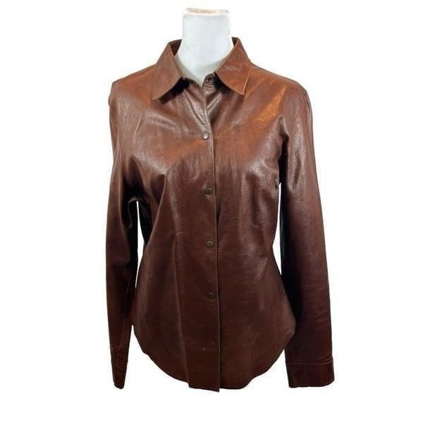 Ladies Vintage Express 100% Leather Snap Button Shirt Brown Size 9/10