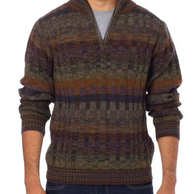 Novica Peruvian 100% Alpaca Men’s Traveler Stripe Sweater with Zipper Size Large