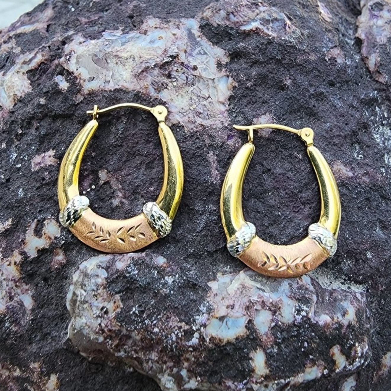 Vintage 14K Fine Tri Color Gold Diamond Cut Hollow Hoop Earrings