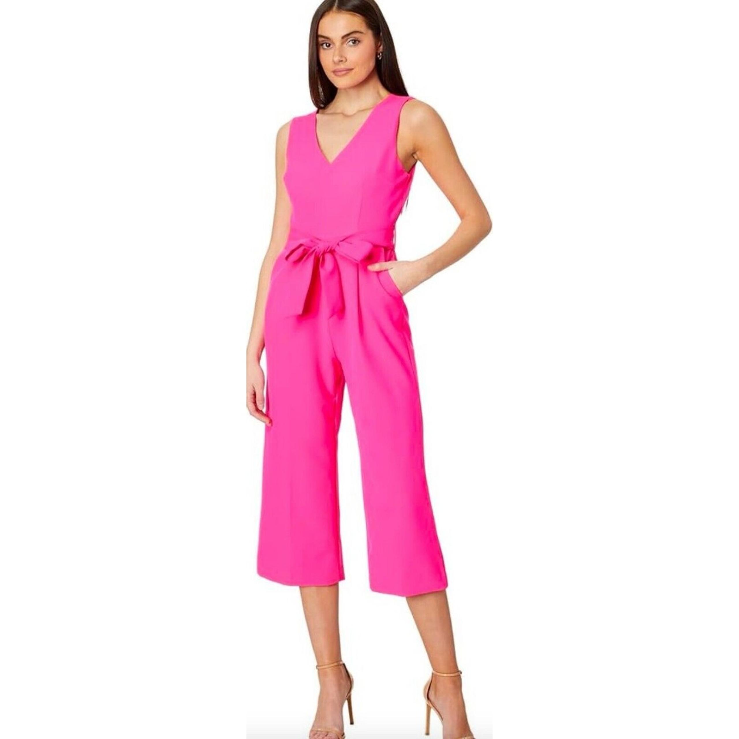 Vince Camuto womens V Neck Jumpsuit With Tie Belt hot pink barbie pink size 2