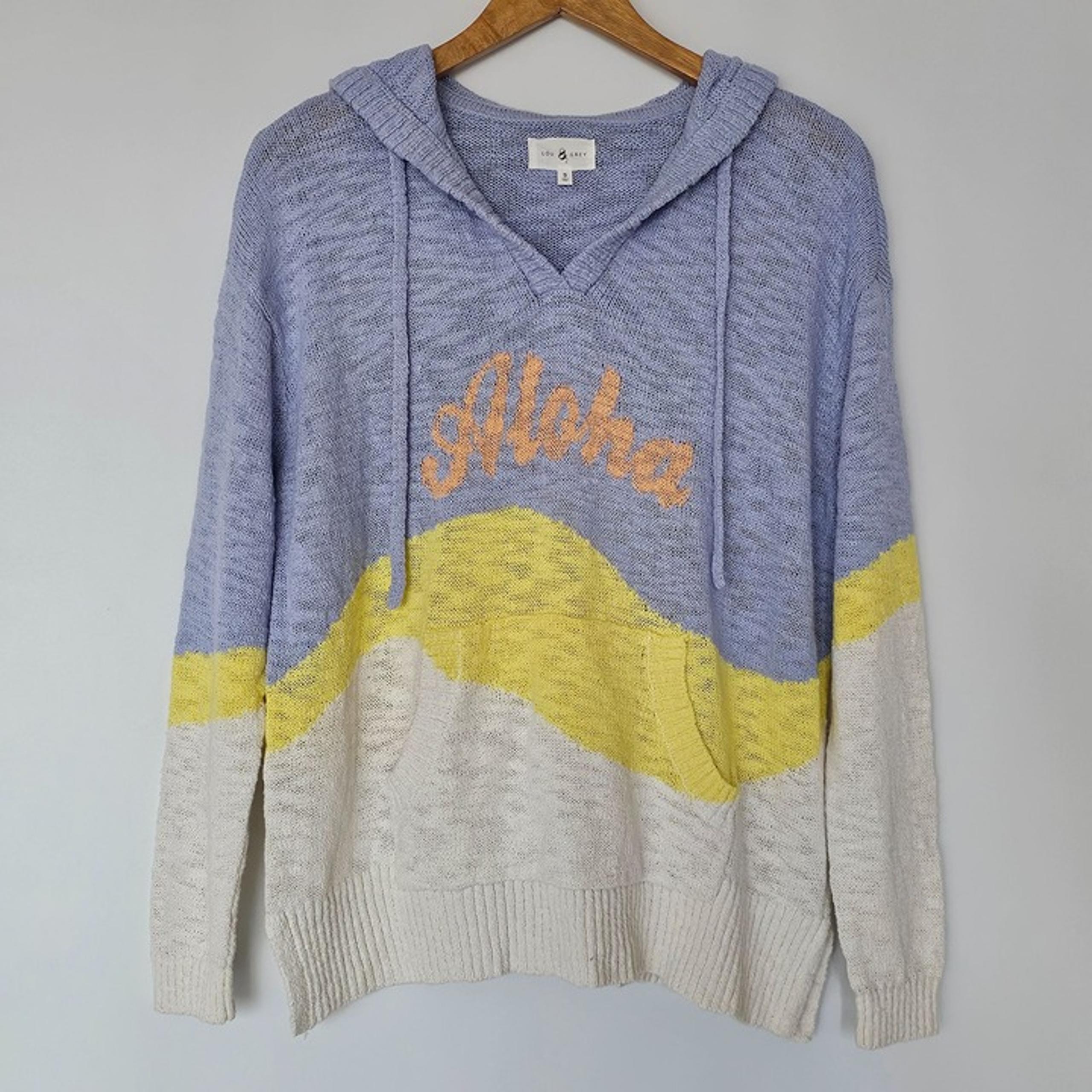 Lou & Grey Aloha Hooded Sweater Kangaroo Pocket Size S Blue Yellow Beach Resort