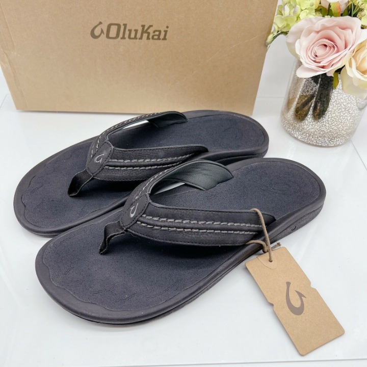 Olukai Hokua Beach Sandal Flip Flop Slide Mens US 15 D Black/ Dark Shadow