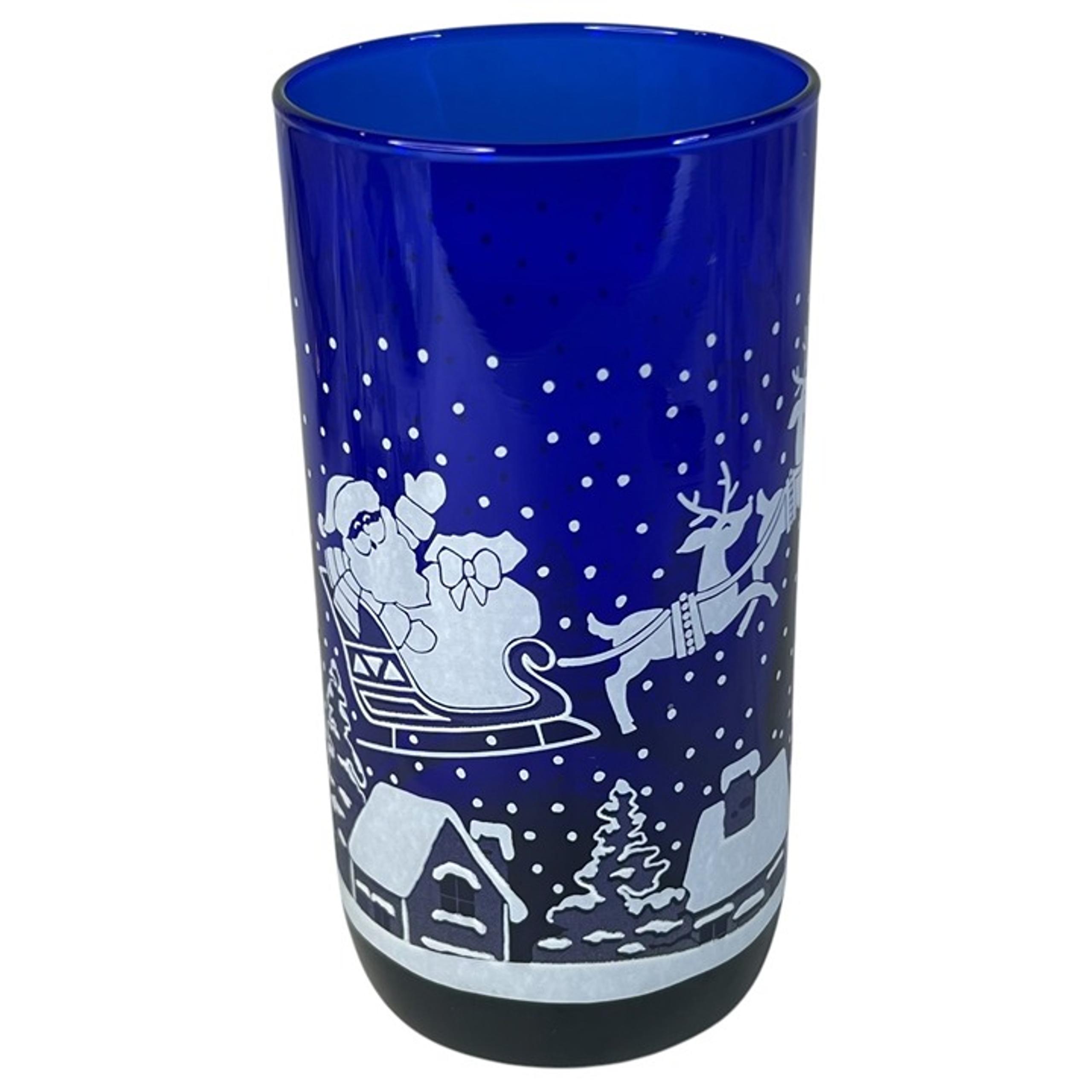 Vintage Cobalt Blue Christmas Glass Santa Claus Sleigh & Reindeer 5 3/4” Tall