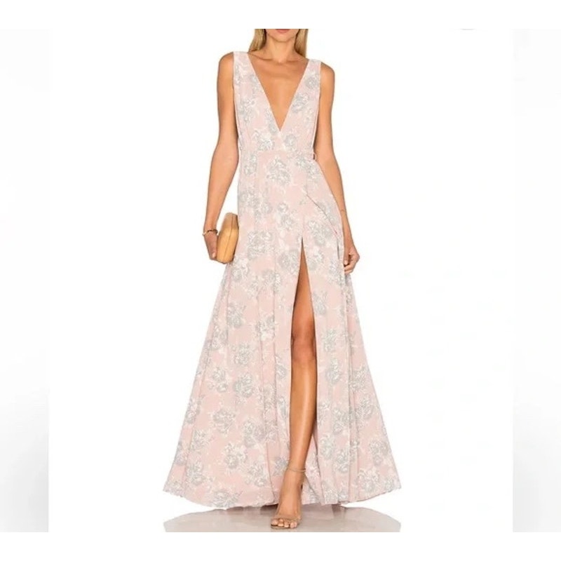 Lover's + Friends Leah Gown Blush Gray Floral Maxi Wrap Dress Deep V-Neck Slit 4