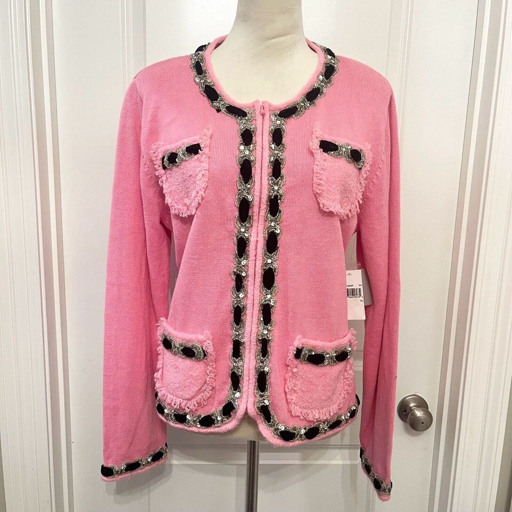 BEREK Vintage Designer Pink Sweater Cardigan Jacket Beaded Rare NWT- SZ XL
