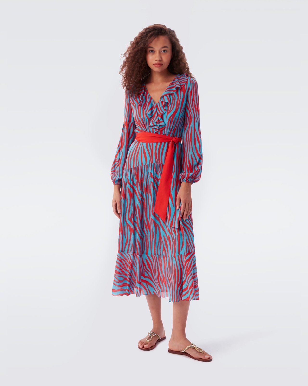 DVF Diane Von Furstenberg Jaxson Lined Midi Dress in Zebra Sky Blue Size M