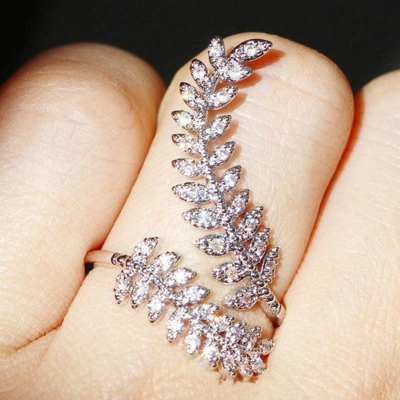 NEW Stamped 925 Silver Diamond Leaf Ring