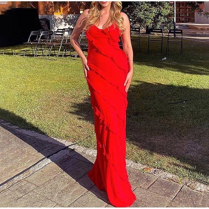 Commense Red Ruffle Maxi Dress Spaghetti Strap Evening Gown Formal Party Size M