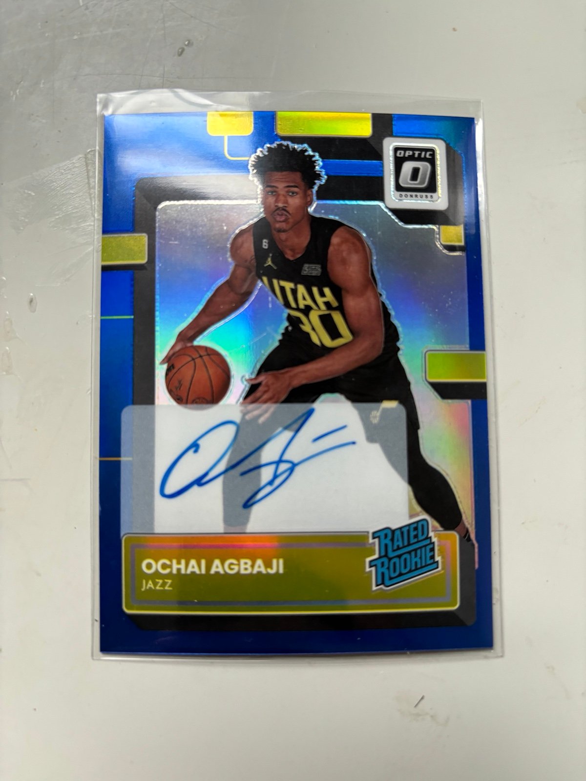2022-23 Donruss Optic Ochai Agbaji Blue Prizm Rated Rookie Auto Autograph /49