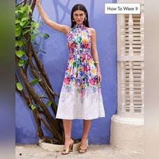 BOSTON PROPER Garden of Romance Print Mock Neck Midi Fit and Flare Dress-Size 16