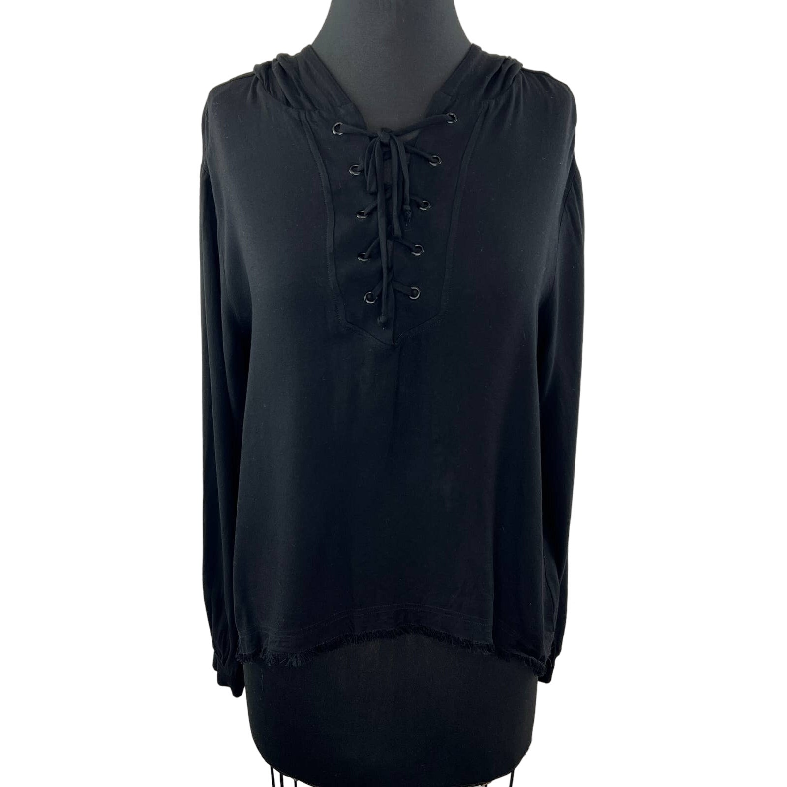 Cloth & Stone Black Lace Up V-Neck Pullover Hoodie Sweater Top Fringe Hem L