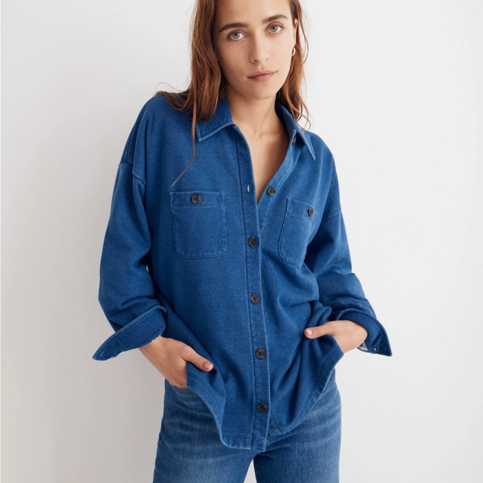 EUC Madewell Indigo Terry Shirt Jacket Blue Button-Up Top Sz M