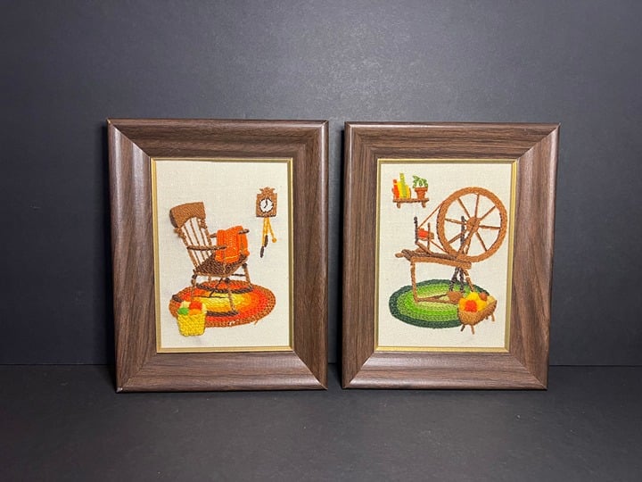 VTG 70s Set of 2 Wood Framed Crewel Embroidery Rocking Chair & Sewing Spin Wheel