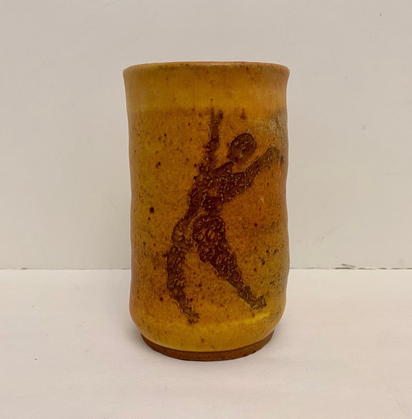 Vintage 5” Art Pottery Figural Earth Tone Stoneware Vase Matte Finish Signed.