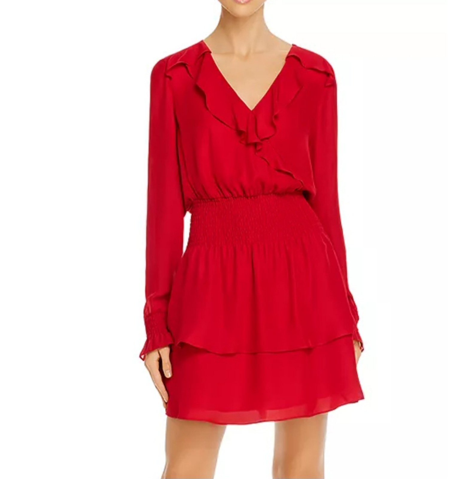 378 Parker Maisy Smocked V Neck Tiered Hem Dress Ruby Red