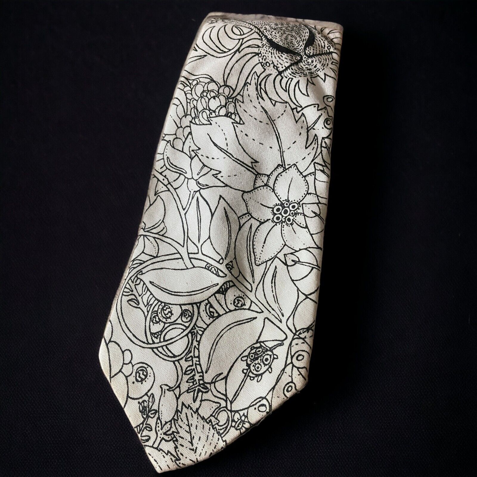 Vintage White Black Line Drawing Wide Tie Wild Animal Print Handmade Necktie