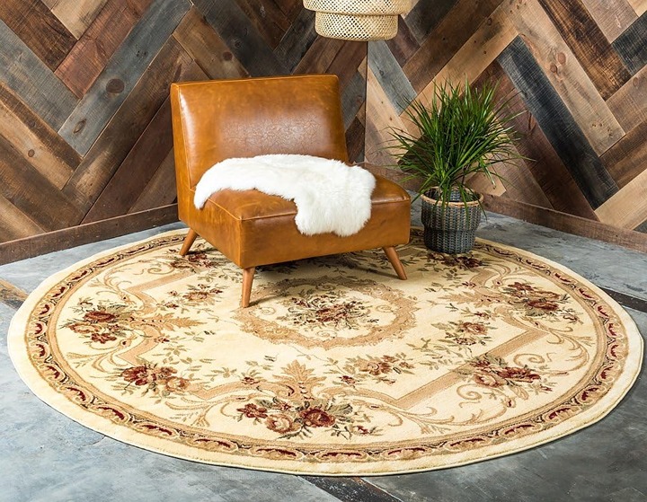 8x8 Feet Beige Ivory Floral Traditional Round Area Rug
