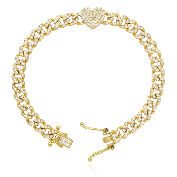18K Yellow Gold Over Silver Created Diamond 6mm Pave Heart Miami Bracelet 7