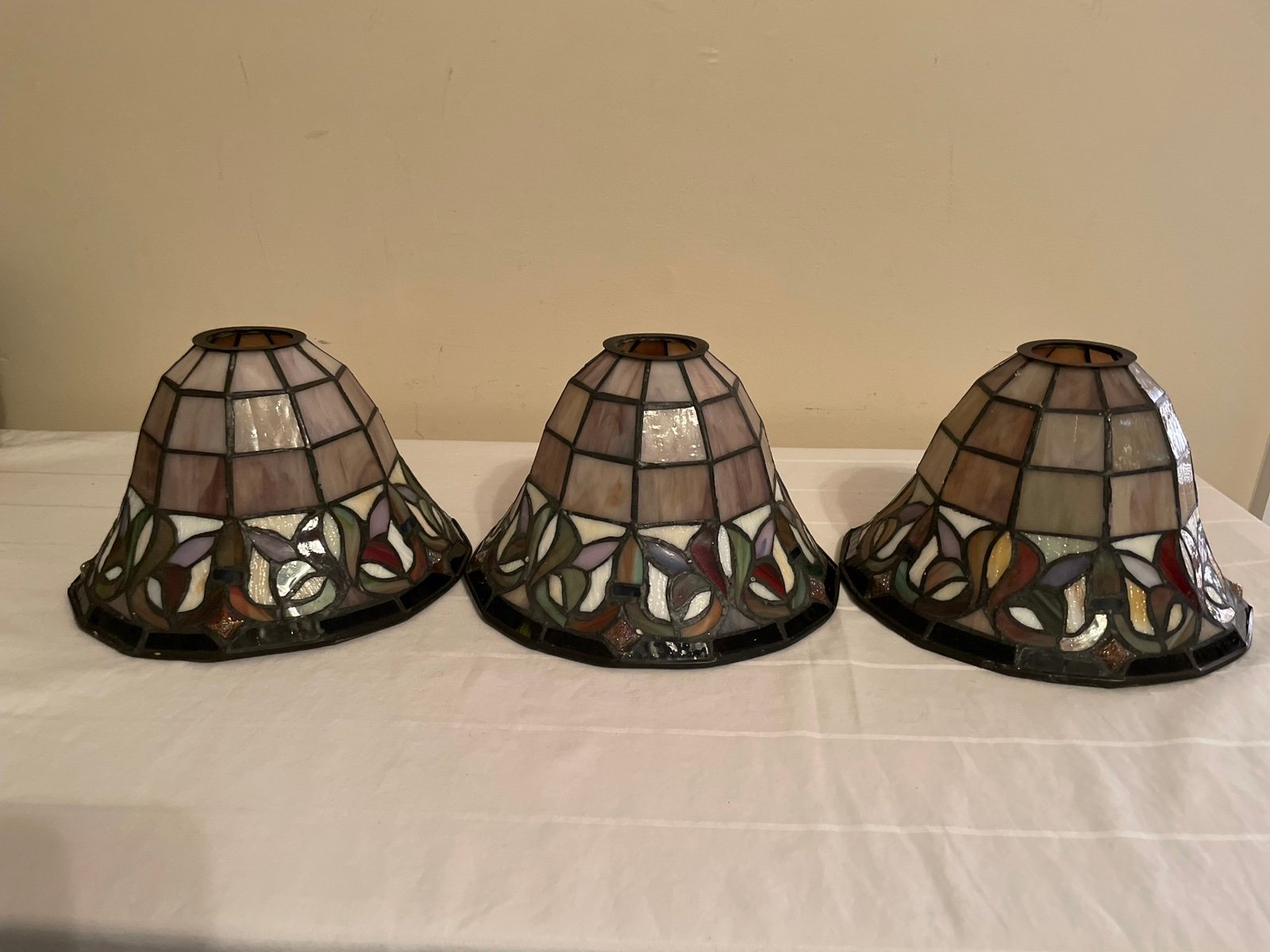Set of 3 Vintage Tiffany Style Stained Glass Bell Shaped Light Shades Purple