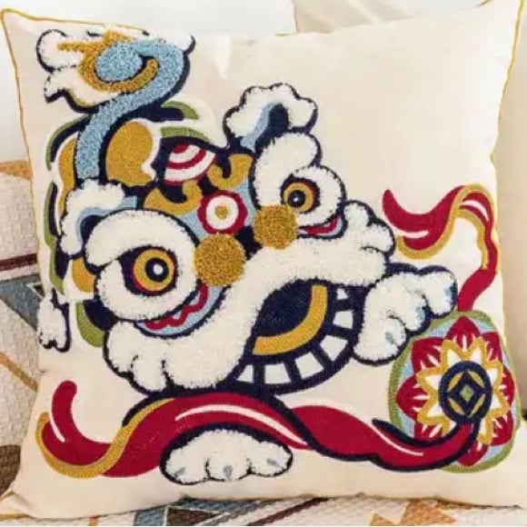 NEW- Embroidered | Chinese Lion / Lion Dance | Statement Throw Pillow Slip Cover