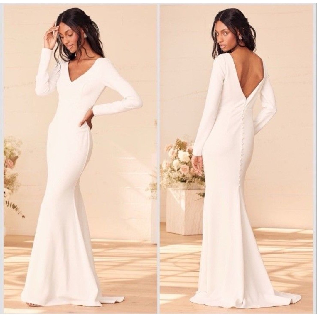 NWOT Lulu’s Feeling of Forever White Long Sleeve Mermaid Maxi Dress Size Small