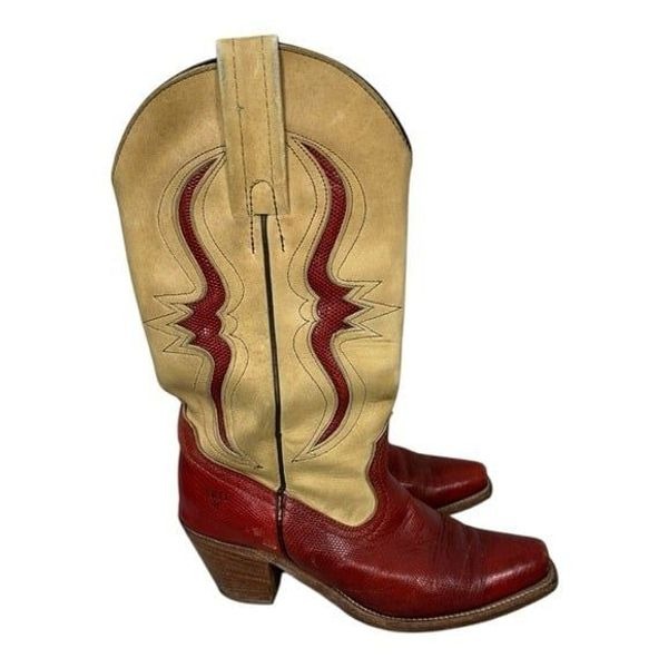 Frye Boots Womens 7 B Vintage Red Lizard Leather Heeled Inlay Western