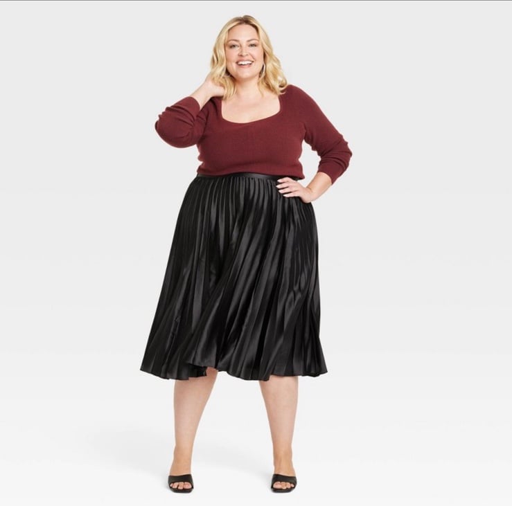 Pleated Satin Midi A-Line Skirt from Ava & Viv