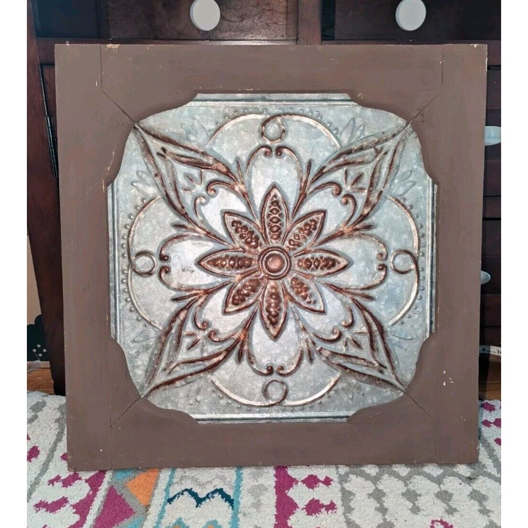 Antique Vintage Ceiling Metal Tin Tile with Wood Frame Wall Decoration 20 x 20