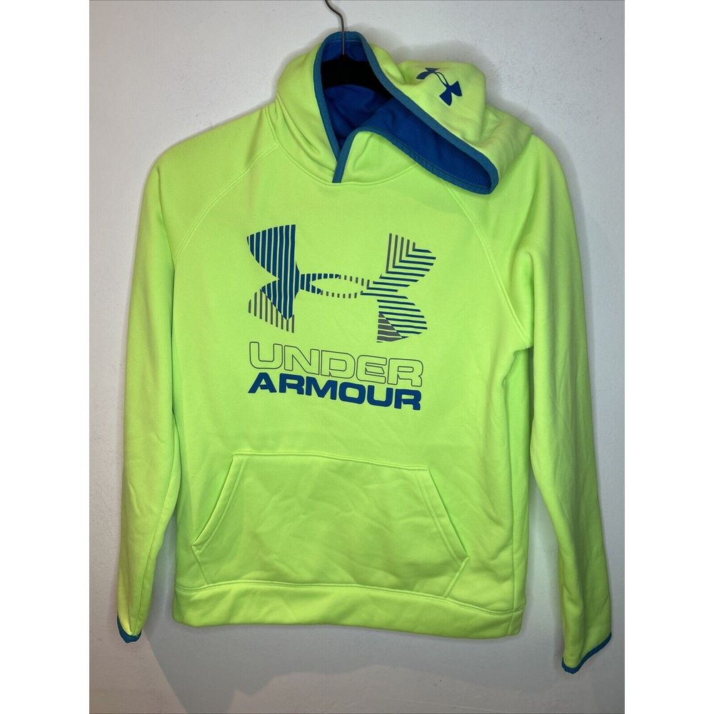 Under Amour Size YLG Cold Gear Loose Hood Fleece Green Blue Sweatshirt Boys
