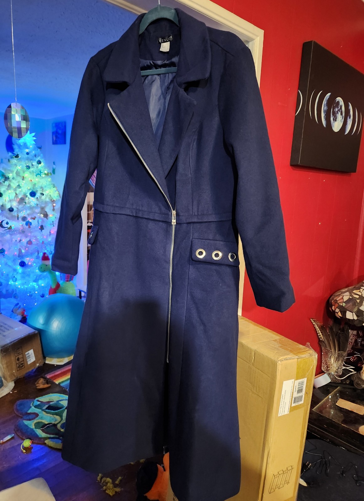 Venus Zippered Navy Wool Blend Coat