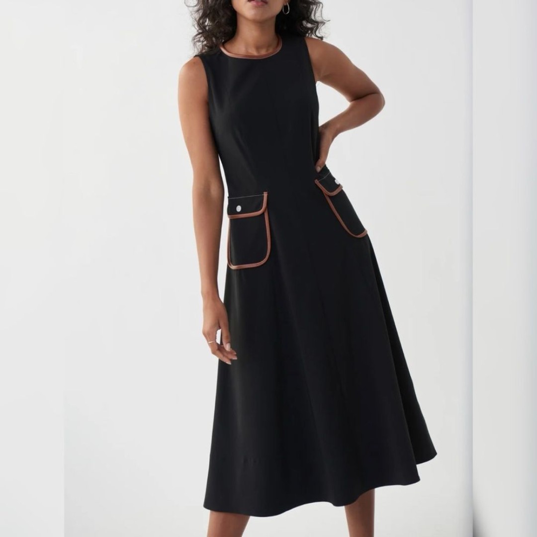 Joseph Ribkoff | Sleeveless Pocket Dress Faux Leather Trim