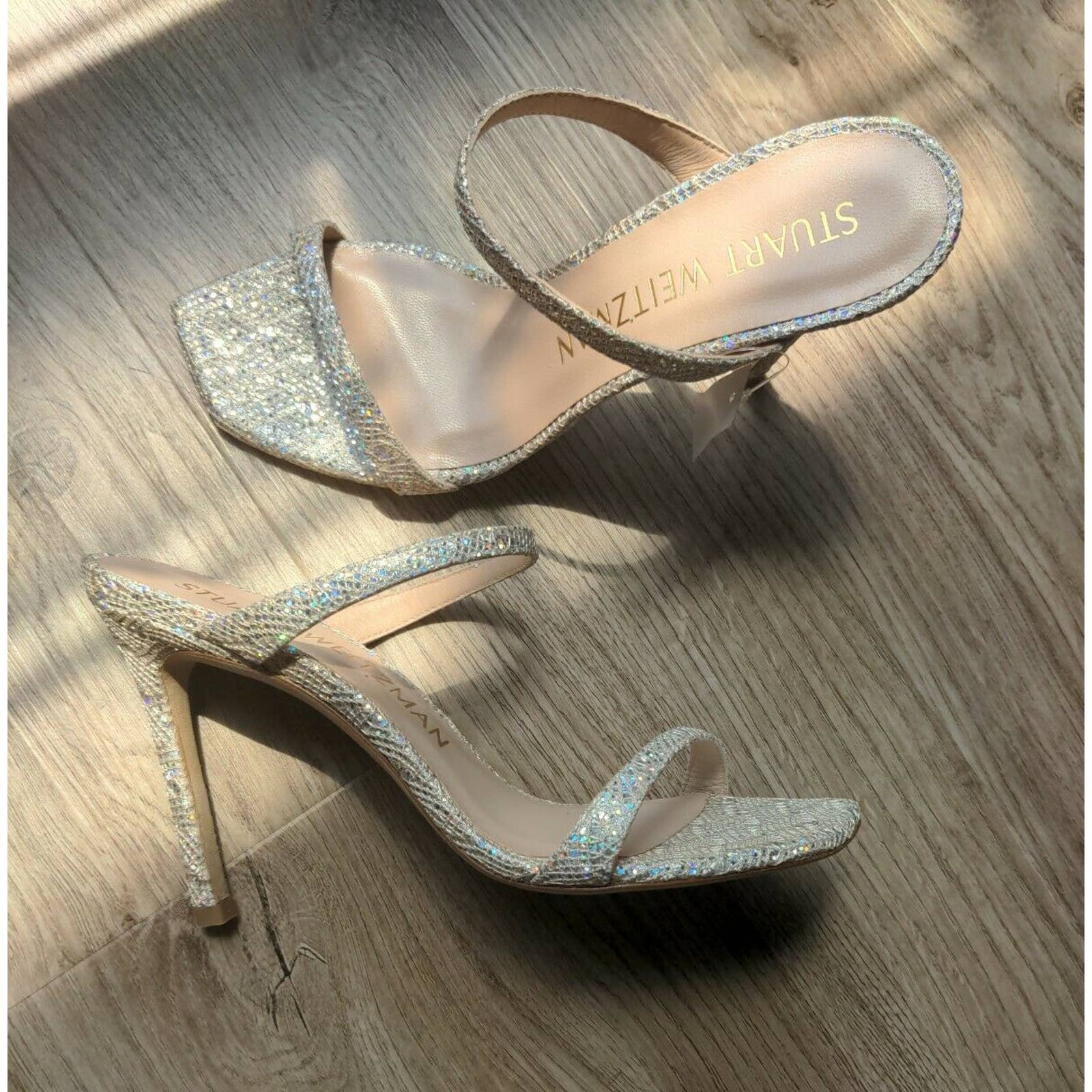 Stuart Weitzman Aleena 100 Heel Sandals Womens 8 White Silver Iridescent