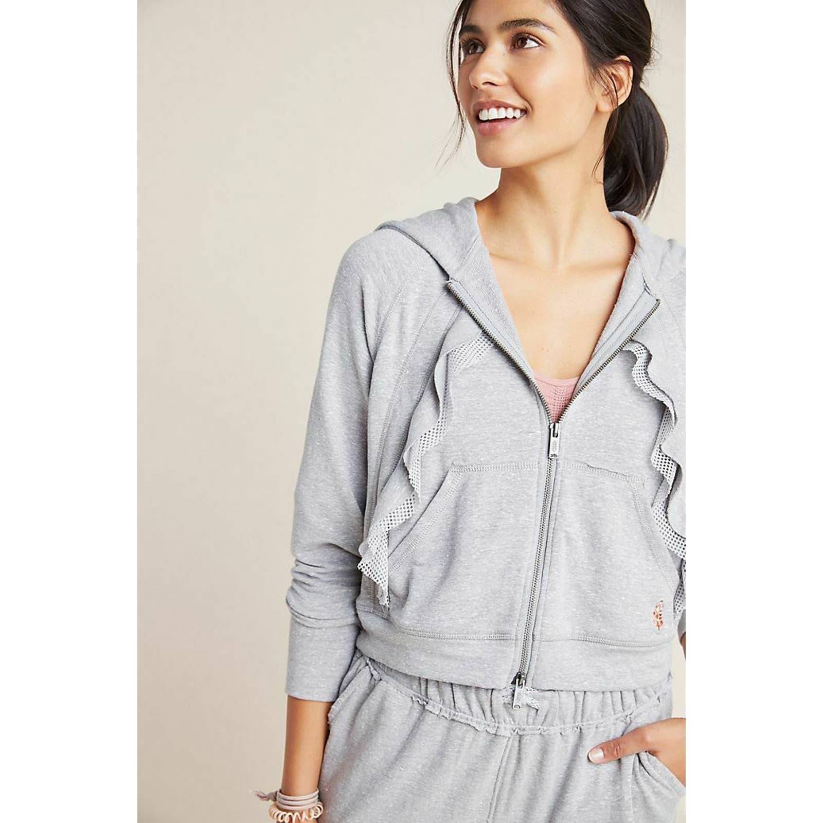 Free People Movement Game Plan Hoodie Small Zip Up Ruffle Crop TechnoLinen NWT