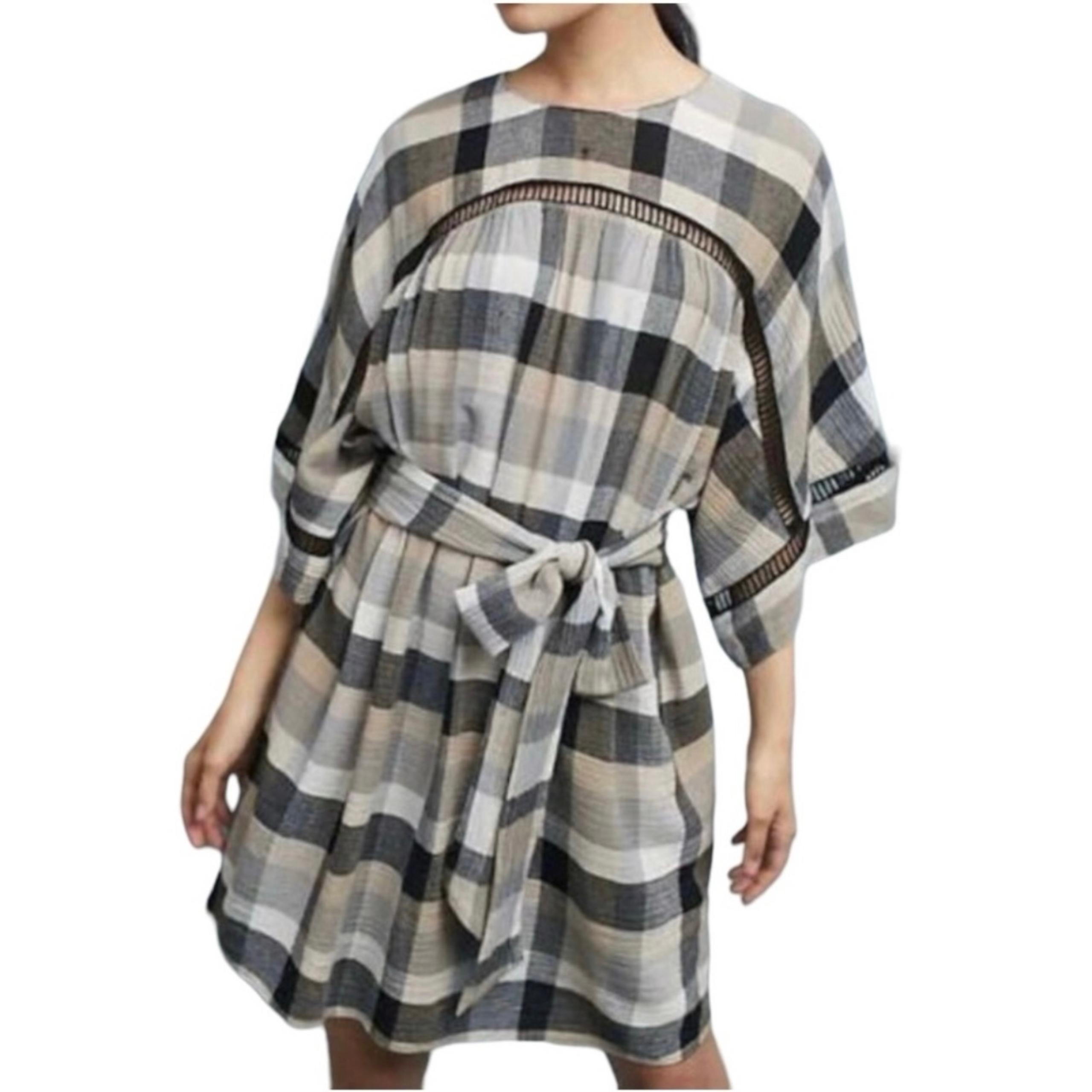 Anthropologie Black Cream Plaid Check Draped Tie Waist Belted Kimono ShirtDress