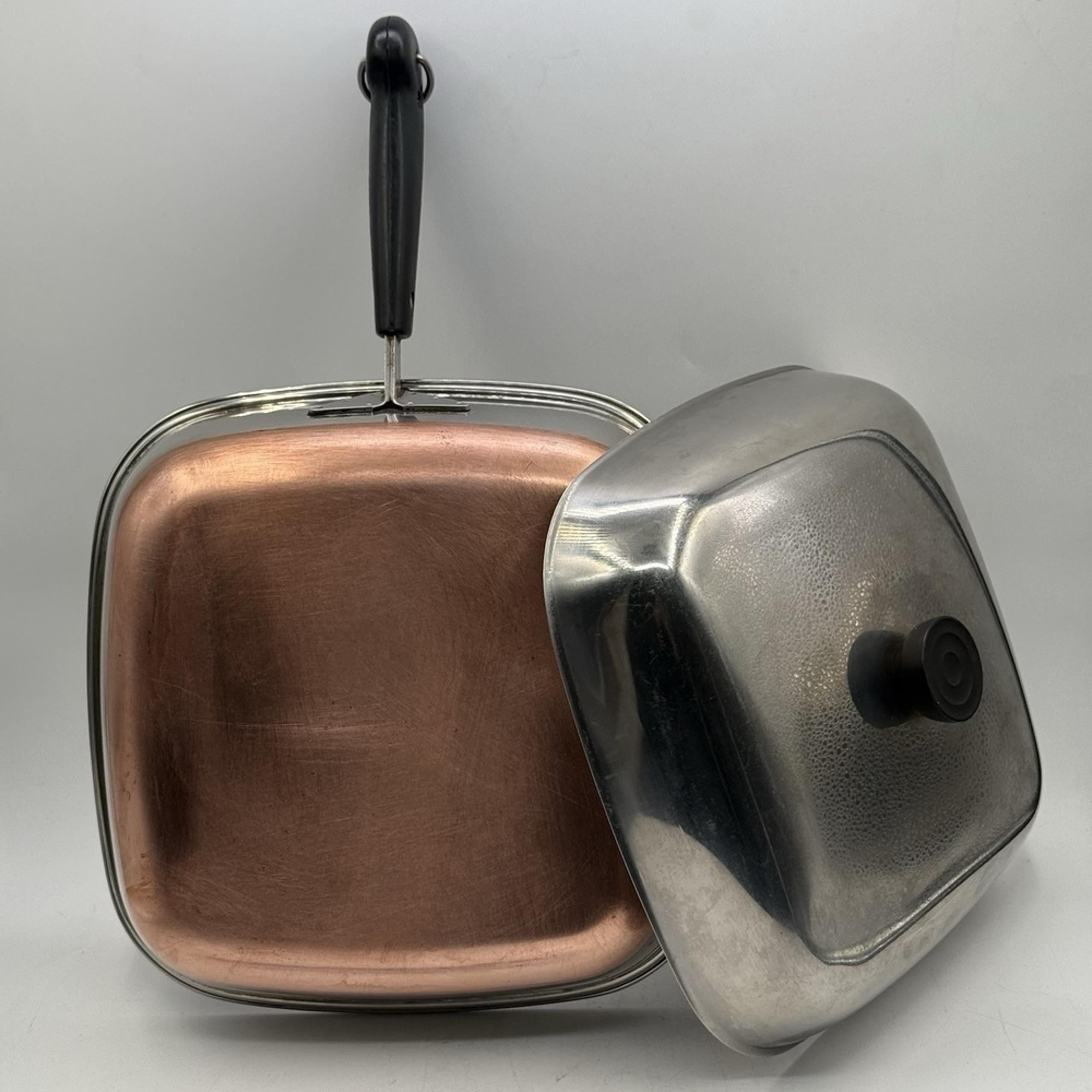 Vintage REVERE WARE SQUARE SKILLET PAN W/Lid Copper Clad Stainless Steel