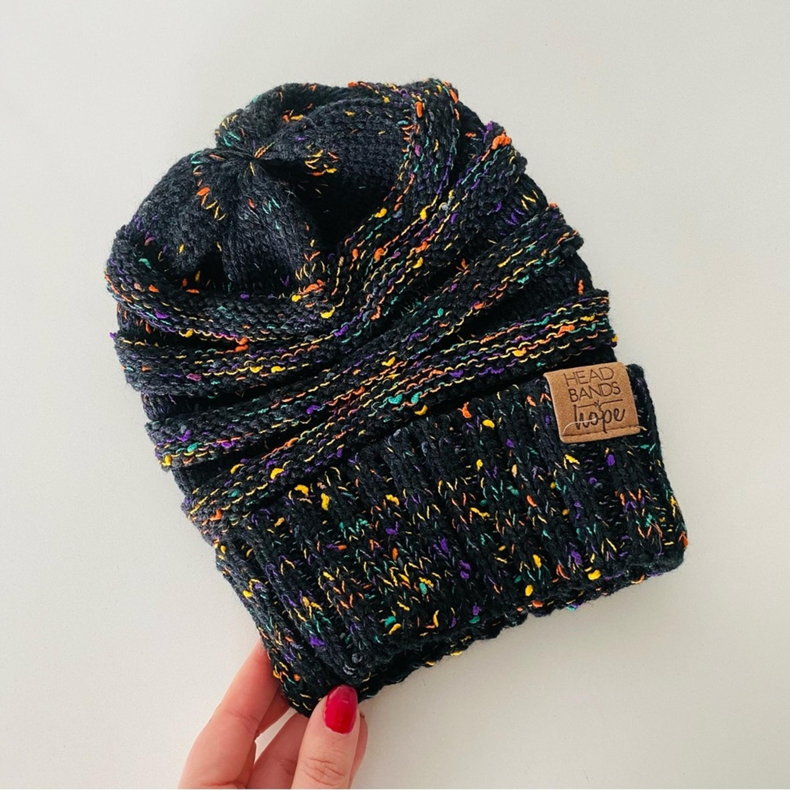 NEW Black Multicolor Yellow Green Purple Rainbow Chunky Knit Cozy Beanie Hat