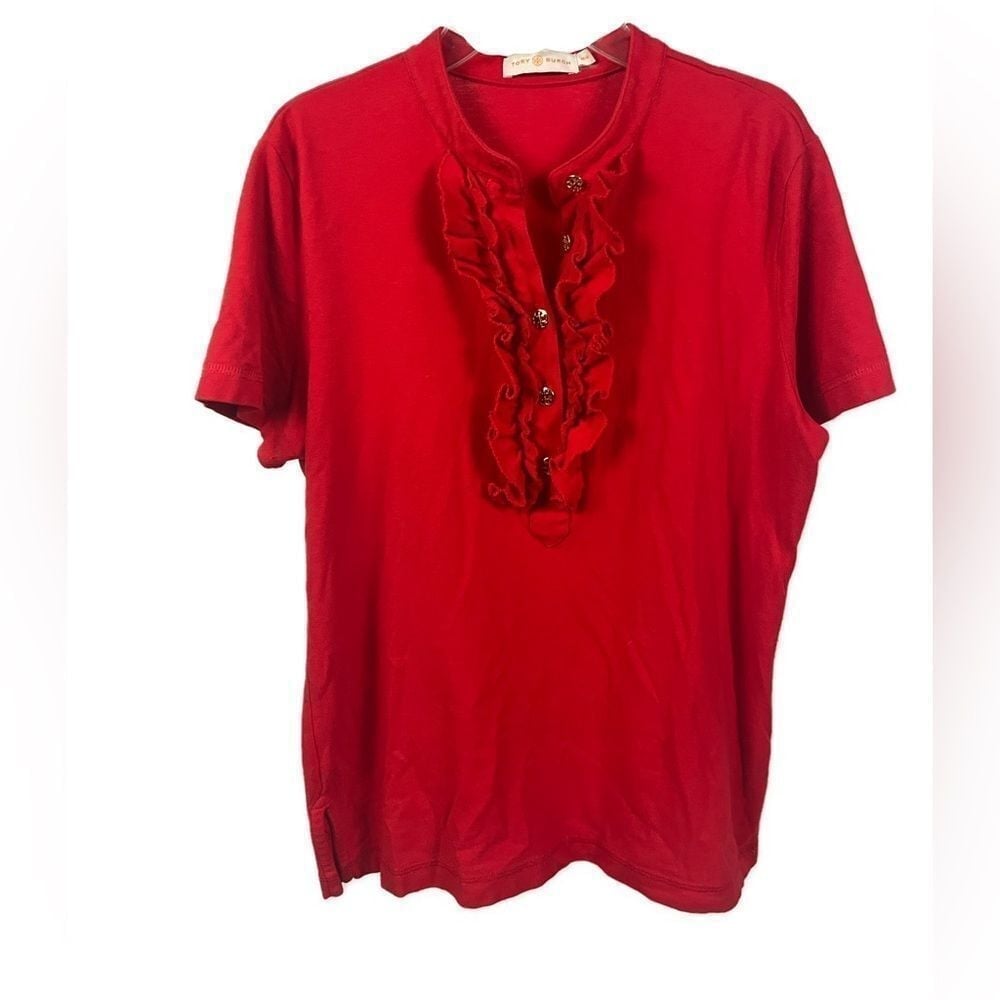 Tory Burch Women's Romilly Red Ruffle Trim Knit Gold Button Blouse- Size Medium