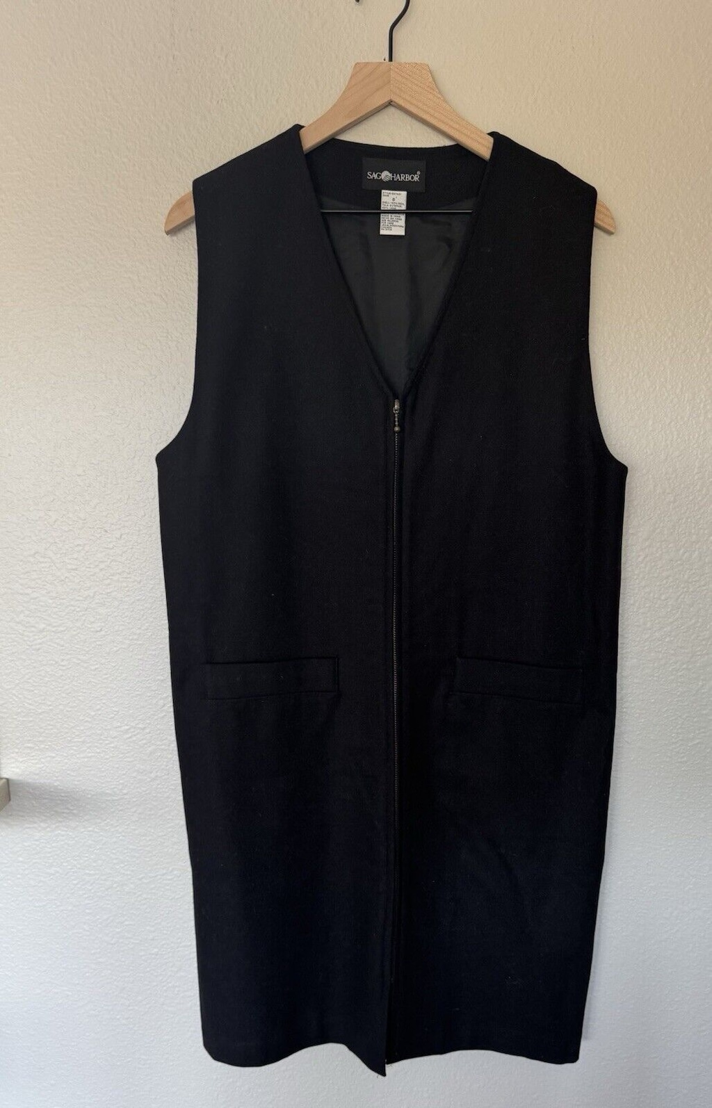 Vintage SAG HARBOR Womens Black Wool Full Zip Jumper Dress Sz 8 Sleeveless Pckts