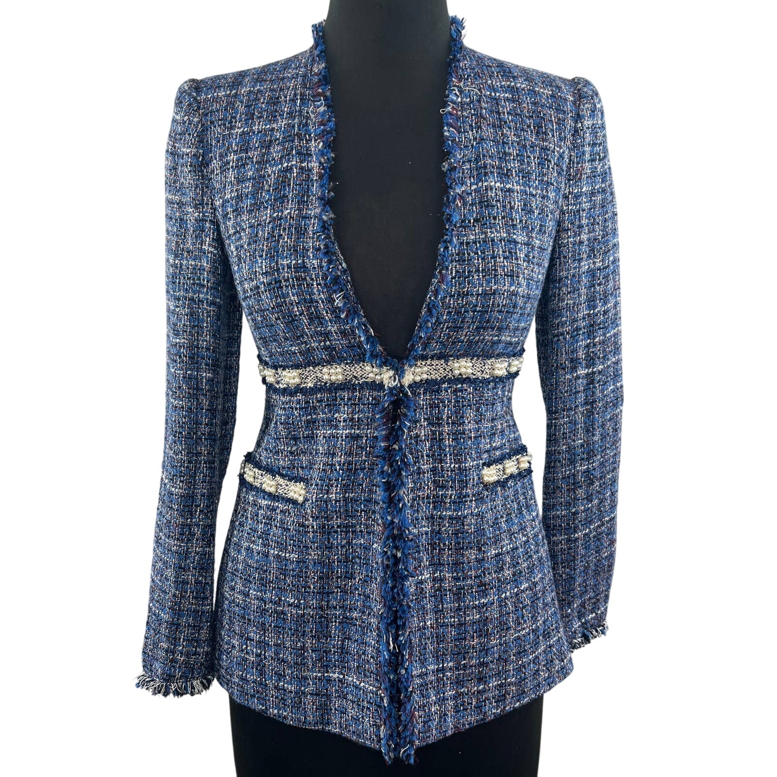 ZARA Tweed Blue Blazer Jacket Pearl Beaded Long Sleeve Hook Closure Lined S RARE