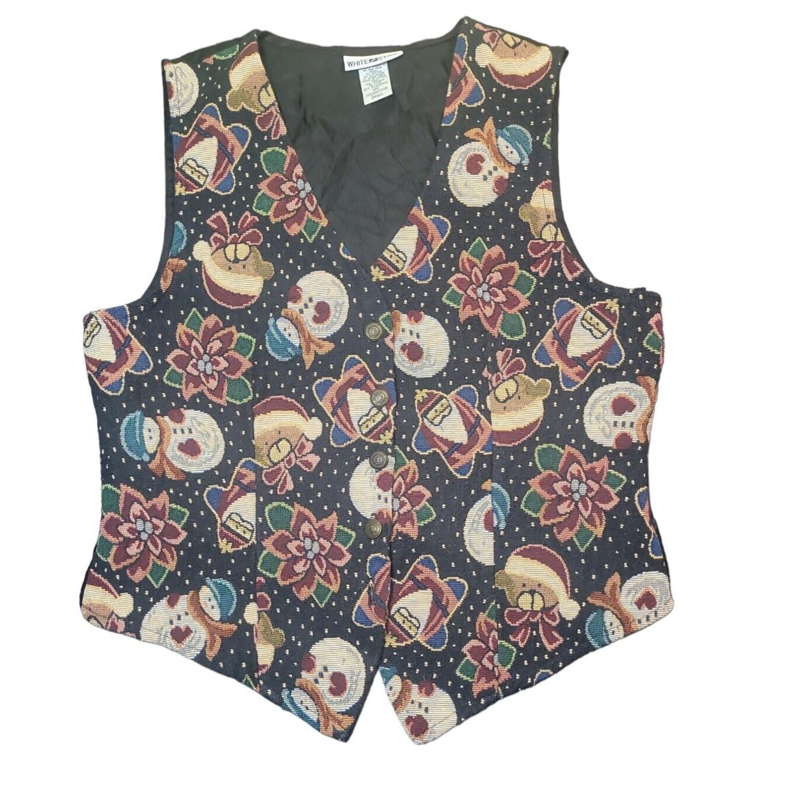 Vintage White Stag Christmas Snowman Santa Tapestry Vest Size Small