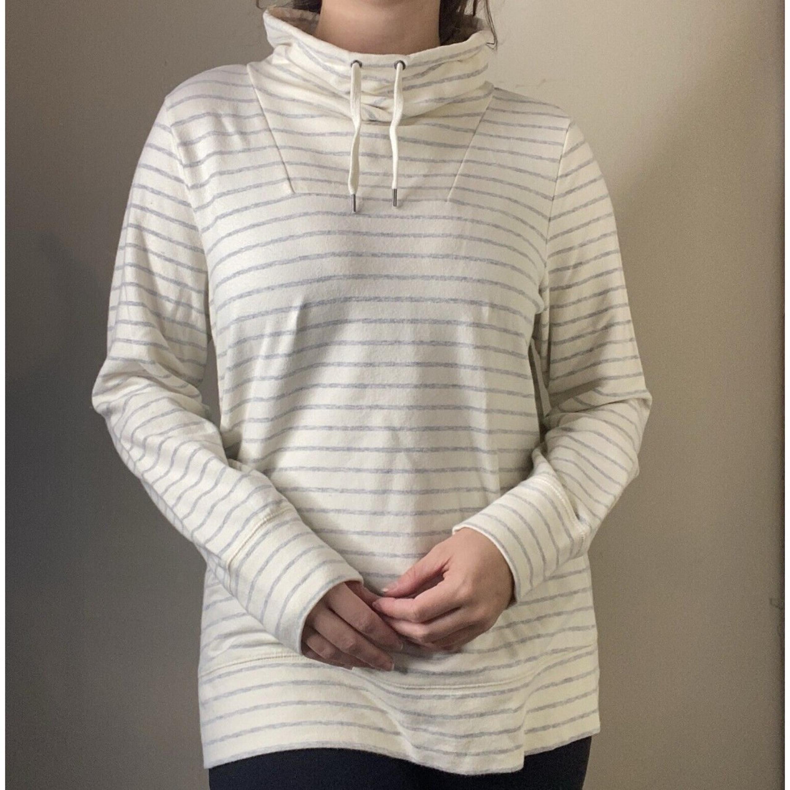 LL Bean Cream & Grey Stripe High Neck Mock Cowl Cotton Sweater Petite Small