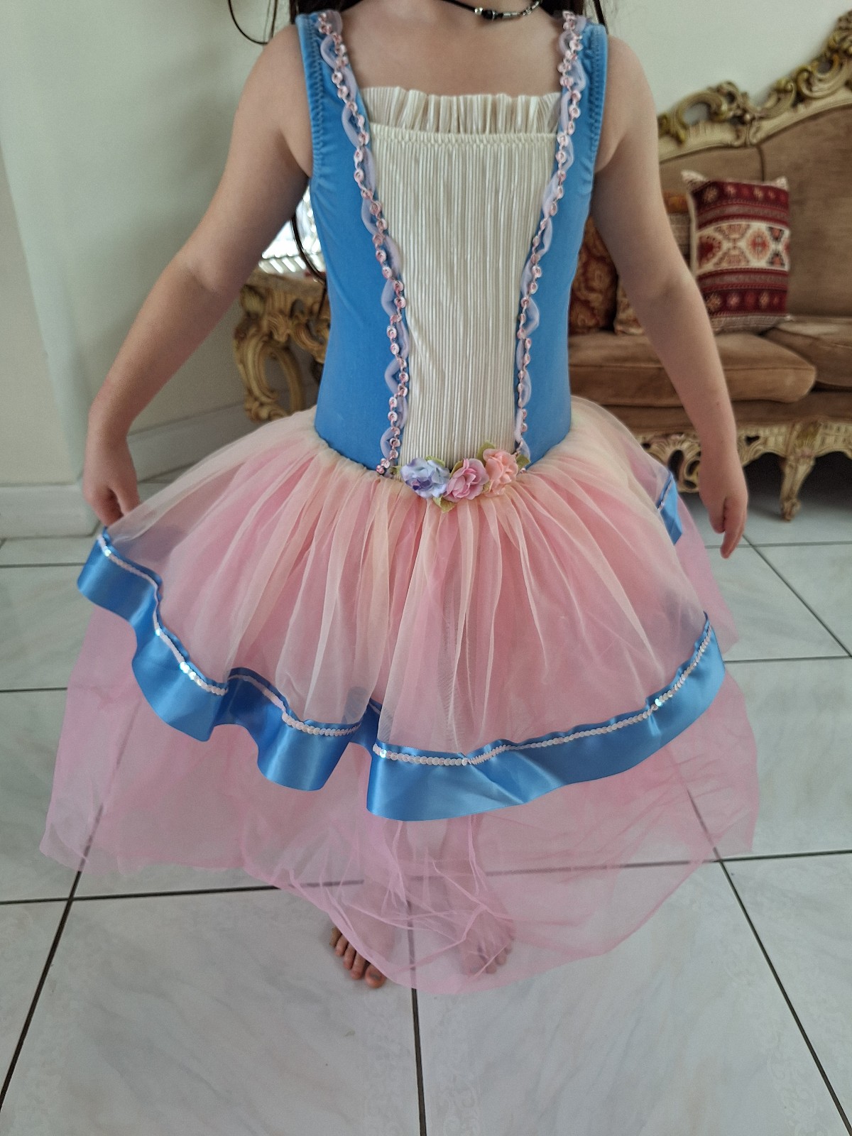 Curtain Calls Blue Pink Stretch Velvet Tulle Flower Tutu Ballet