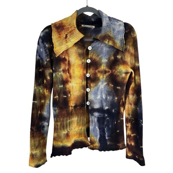 CAAMANO 100% Alpaca Cardigan SweaterIndigenous Knit L Artsy Abstract Long Sleeve