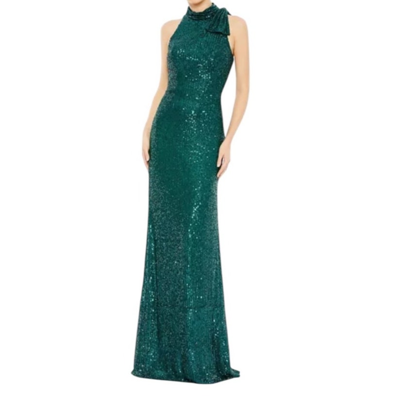Mac Duggal Teal Sequined Soft Tie Halter Neck Column Gown Style 11280 Size 2 NEW
